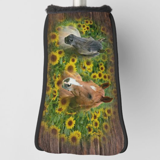 Schöne Pferde im Feld der Sonnenblumen Golf Headcover (Rotieren 90)