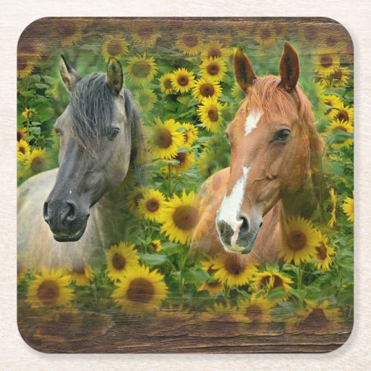 Schöne Pferde im Feld der Sonnenblumen Rechteckiger Pappuntersetzer (Vorderseite)
