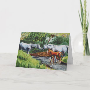 Schöne Pferde und Foal Landschaft Ölgemälde Karte