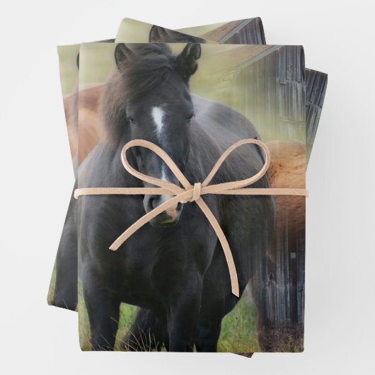 Schöne Pferde und rustikaler Stall Geschenkpapier Set (Beispiel)