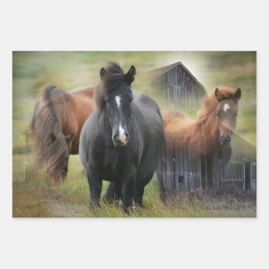 Schöne Pferde und rustikaler Stall Geschenkpapier Set (Vorderseite)