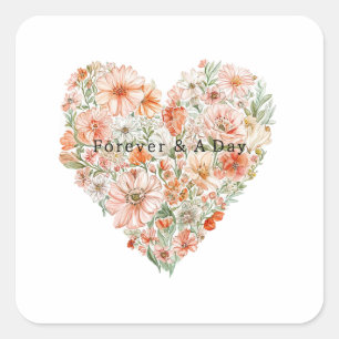 Schöne Pfirsich-Blumenherz-Hochzeit Quadratischer Aufkleber