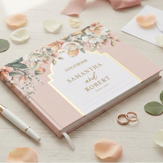 Schöne Pfirsich- und Goldblumenhochzeit Gästebuch