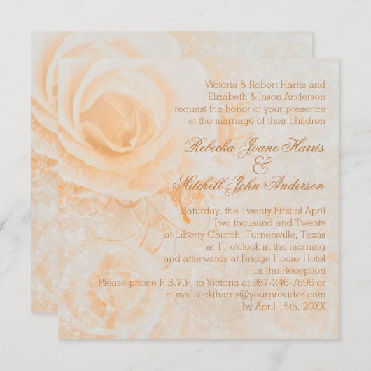 Schöne pfirsichcreme Rose Hochzeit Einladung (Vorne/Hinten)