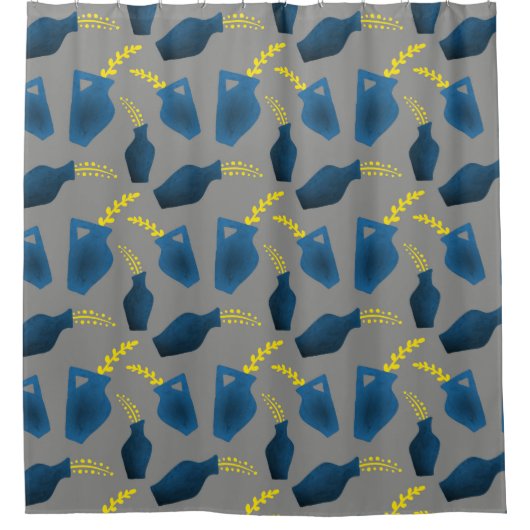 Schöne Pflanze in Pots Blau, Grau und Gelb Duschvorhang (Vorderseite)