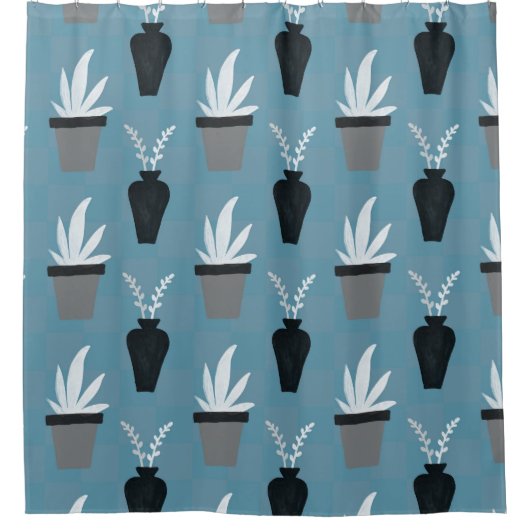 Schöne Pflanze in Pots Blue, Gray und White Duschvorhang (Vorderseite)