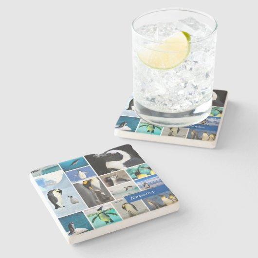 Schöne Pinguin FotoCollage mit Vorname Steinuntersetzer (Seitenansicht)