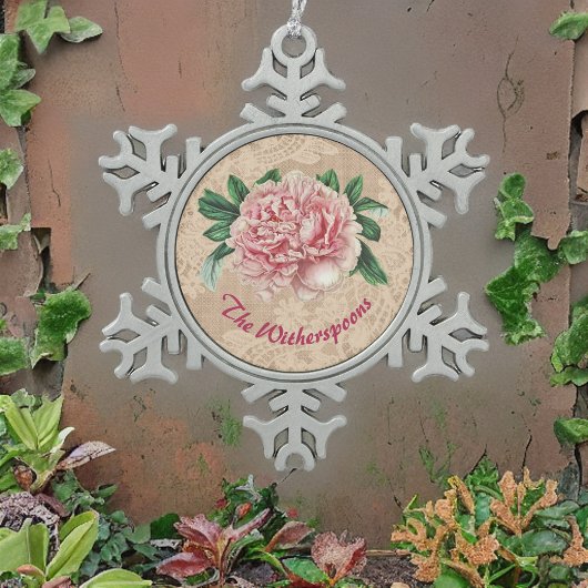 Schöne Pink Peony auf Pink Imitats Lace Schneeflocken Zinn-Ornament