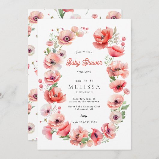 Schöne Pink & Red Poppy Kinderdusche Einladung (Vorne/Hinten)