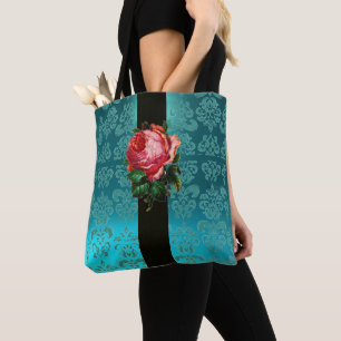 SCHÖNE PINK ROSE AQUAMARIN AQUE BLUE BLACK DAMASK TASCHE