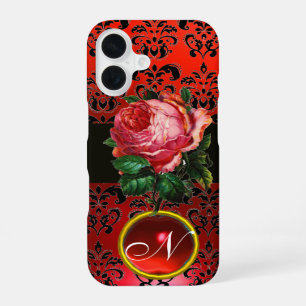 SCHÖNE PINK ROSE ROT SCHWARZ DAMAST RUBIN MONOGRAM iPhone 16 HÜLLE