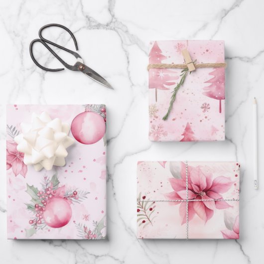 Schöne Pink Vintage Weihnachten Geschenkpapier Set (Vorderseite)