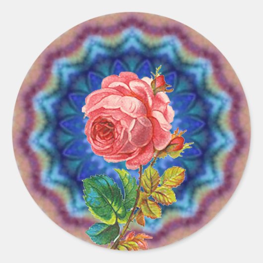 SCHÖNE PINKROSE IN BLAUEN PSYCHEDELIKREISEN RUNDER AUFKLEBER (Vorderseite)