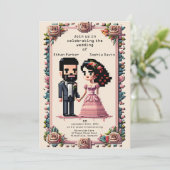 Schöne Pixel Art Wedding Einladung (Stehend Vorderseite)