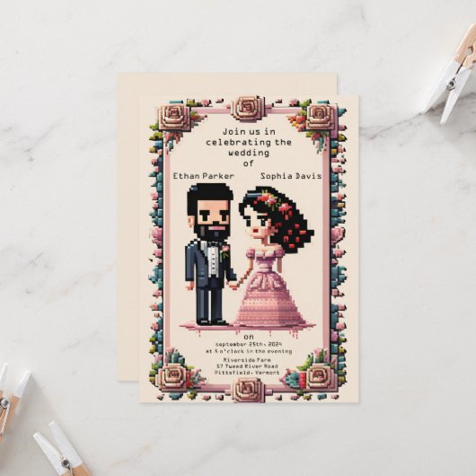 Schöne Pixel Art Wedding Einladung (Vorderseite/Rückseite Beispiel)