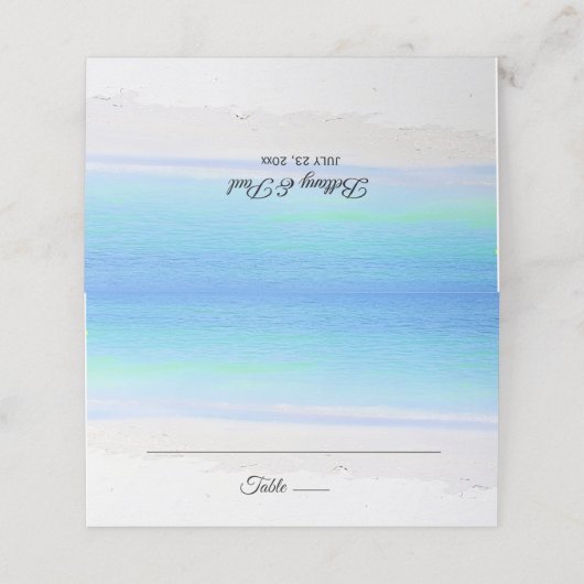 Schöne Platzkarte für Hochzeiten am Strand (Außenseite Aufgefaltet)