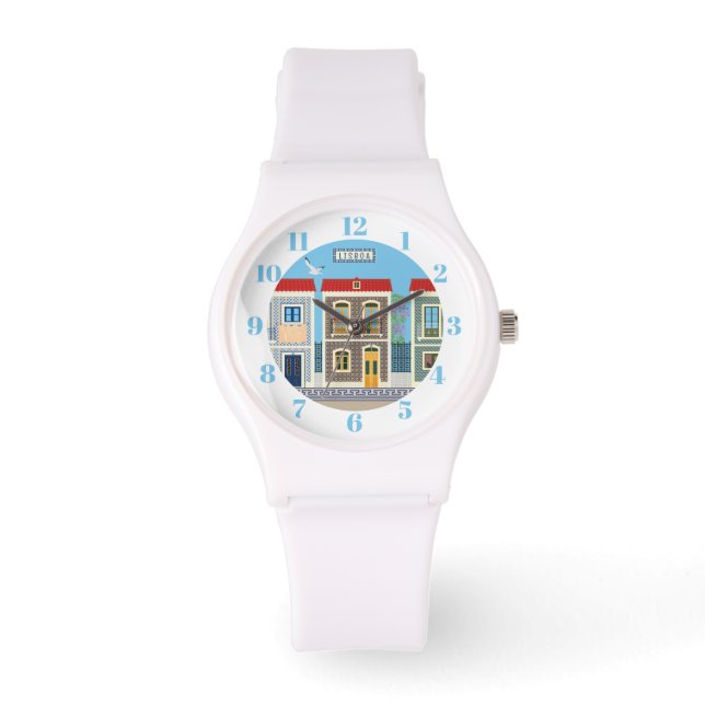 Schöne portugiesische Häuser mit Fliesen oder Azul Armbanduhr (Vorderseite)