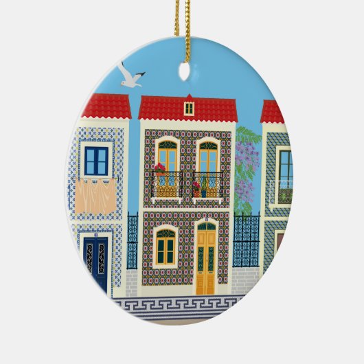 Schöne portugiesische Häuser mit Fliesen oder Azul Keramik Ornament (Rechts)