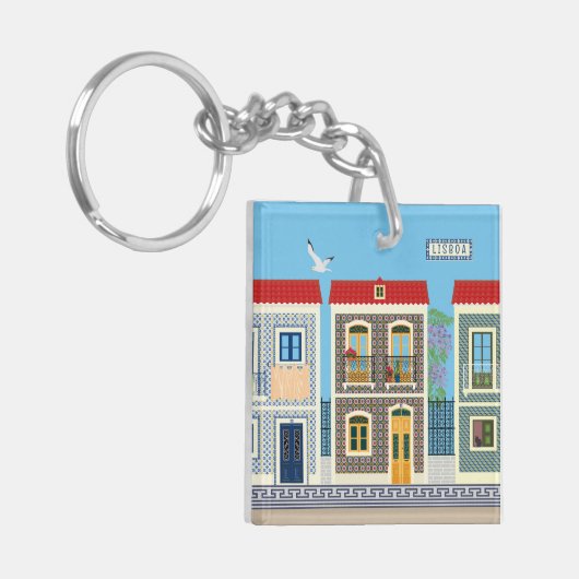 Schöne portugiesische Häuser mit Fliesen oder Azul Schlüsselanhänger (Vorderseite links)