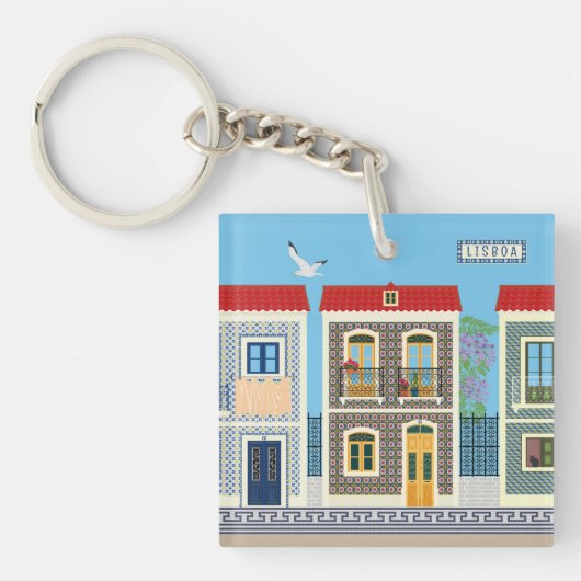 Schöne portugiesische Häuser mit Fliesen oder Azul Schlüsselanhänger (Vorderseite)