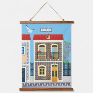 Schöne portugiesische Häuser mit Fliesen oder Azul Wandteppich Mit Holzrahmen