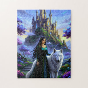 Schöne Prinzessin mit majestätischem Wolf Puzzle