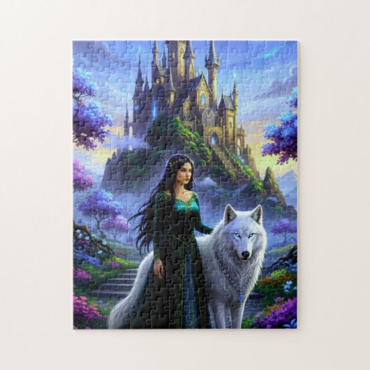 Schöne Prinzessin mit majestätischem Wolf Puzzle (Vertikal)