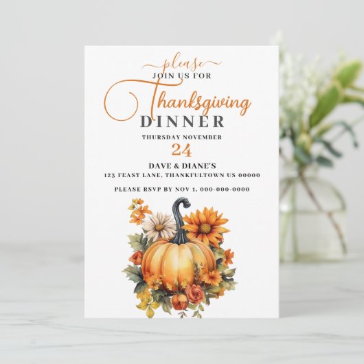 Schöne Pumpkin & Fall Blume Erntedank Einladung (Stehend Vorderseite)