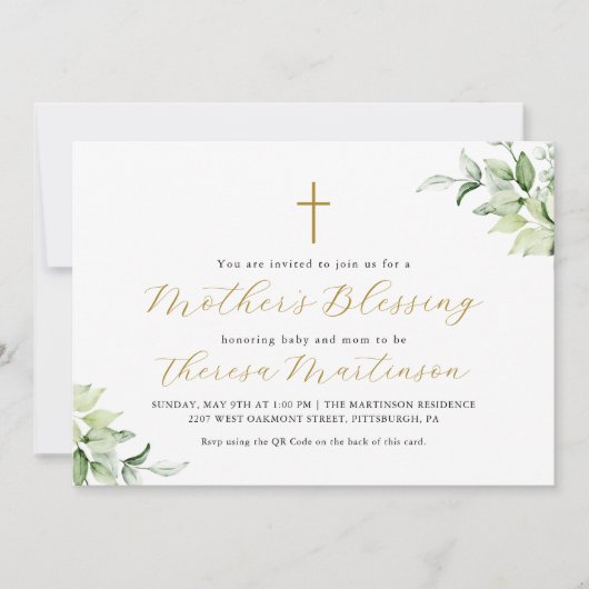 Schöne QR UAwg Greenery Cross Mutter Segen Einladung (Vorderseite)