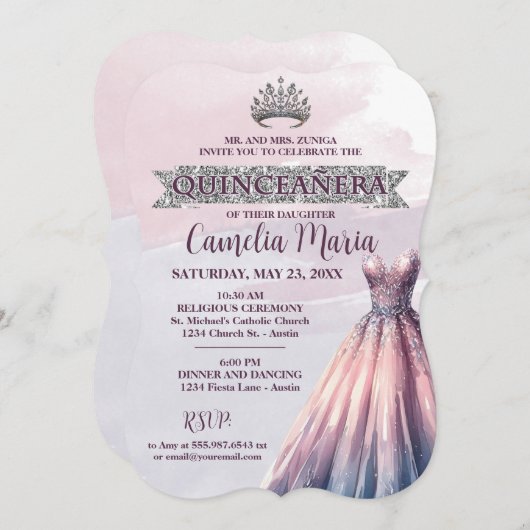Schöne Quinceanera Bday Wasserfarben Einladung (Vorne/Hinten)
