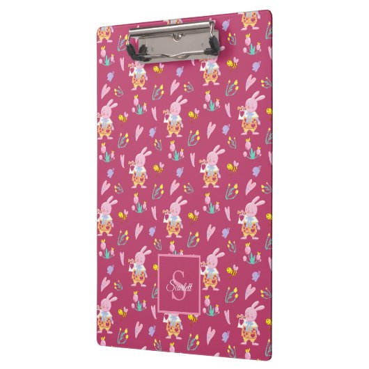 Schöne Rabbit & Bee Garden Magenta Monogram Klemmbrett (Links)