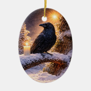 Schöne Rabenkerze im Schnee Yule Sonnenwende Keramik Ornament
