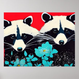 Schöne Raccoons mit blauen Blumen Poster