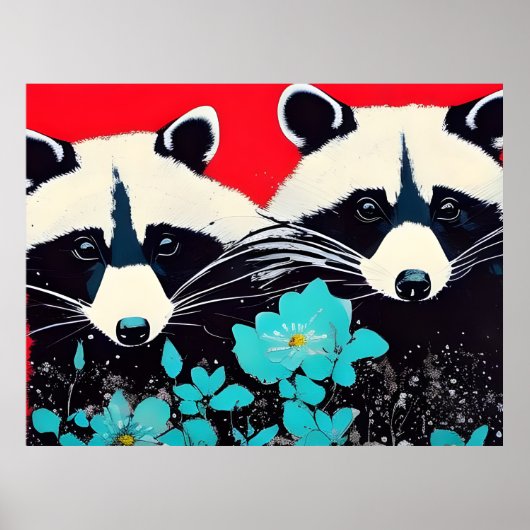 Schöne Raccoons mit blauen Blumen Poster (Vorne)