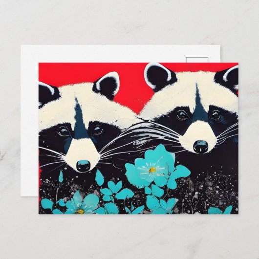 Schöne Raccoons mit blauen Blumen Postkarte (Vorne/Hinten)