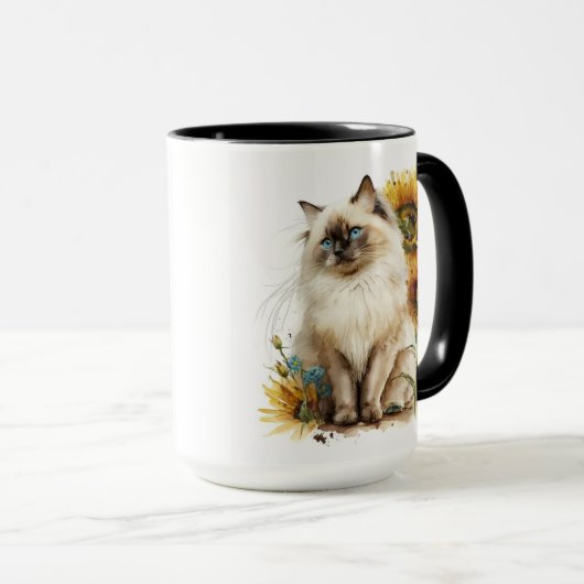 SCHÖNE RAGDOLL CAT MIT SONNENBLUMEN TASSE (VorderseiteRechts)