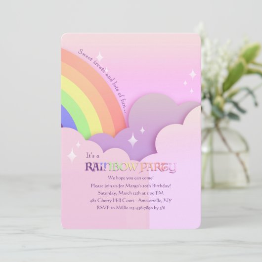 Schöne Rainbow Geburtstagsparty Einladung (Stehend Vorderseite)