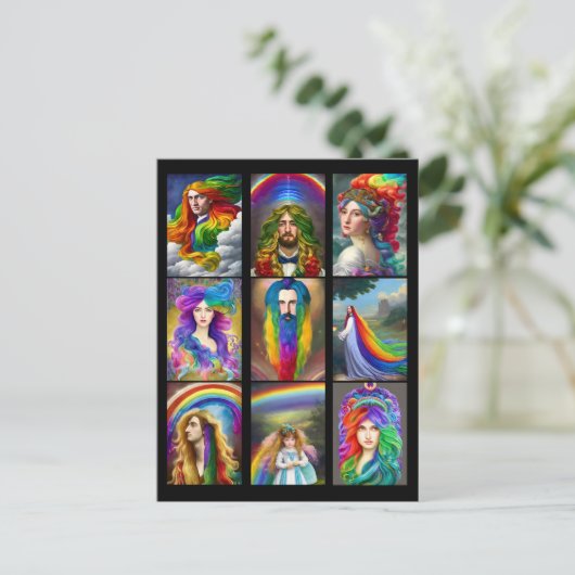 Schöne Rainbow Hair People porträtiert Fantasie Postkarte (Stehend Vorderseite)