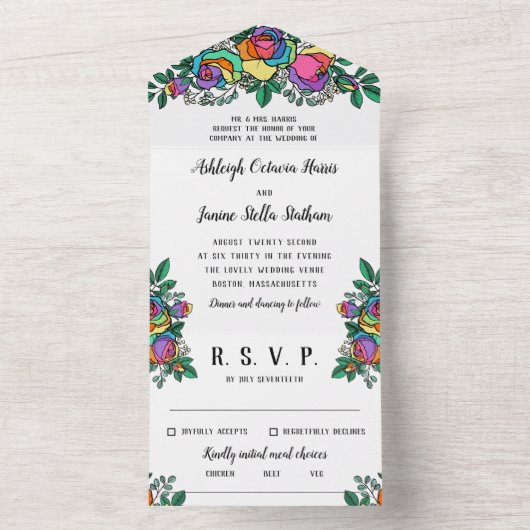 Schöne Rainbow-Rose Blumenzehen All In One Einladung (Innen Boden)