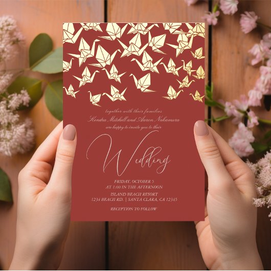 Schöne Red Origami Paper Crane Wedding Folieneinladung