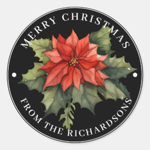 Schöne Red Poinsettia Frohe Weihnachten auf schwar Runder Aufkleber