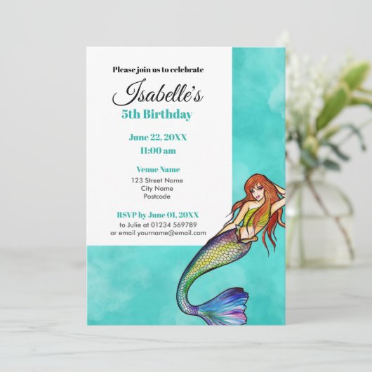 Schöne Regenbogen-Meerjungfrau mit langer Haare Einladung (Stehend Vorderseite)