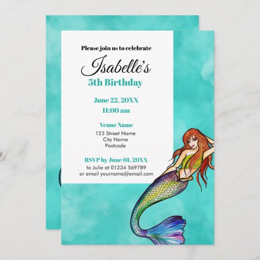 Schöne Regenbogen-Meerjungfrau mit langer Haare Einladung (Vorne/Hinten)