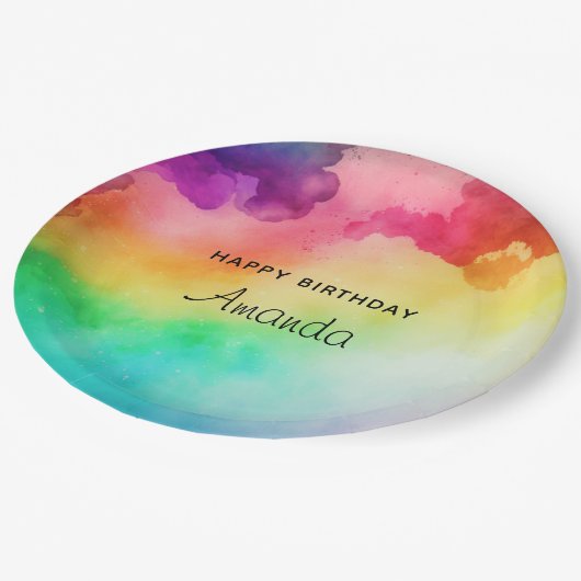 Schöne Regenbogenfarben Abstraktes Design Geburtst Pappteller (Schrägansicht)