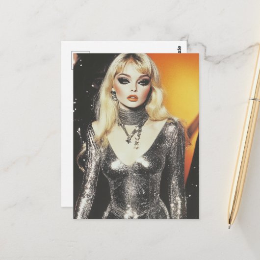 Schöne Retro-Blond-Frau in einem glänzenden Outfit Postkarte (Vorderseite/Rückseite Beispiel)