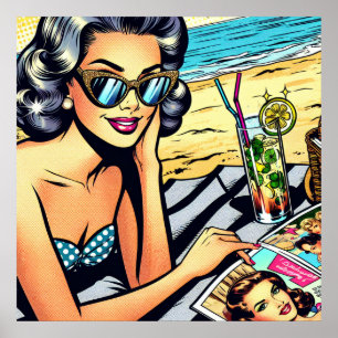 Schöne Retro-Dame am Strand mit Cocktail Poster