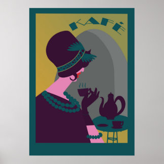 Schöne Retro-Frau in einem Café, die Kaffee trinke Poster