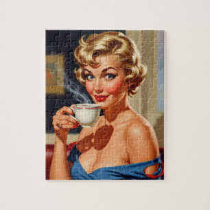 Schöne Retro-Frau mit einem Kaffee Puzzle