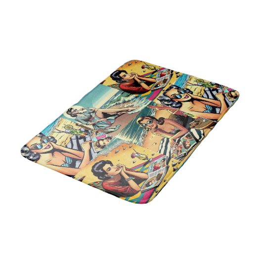 Schöne Retro Lady am Strand mit Cocktail Badematte (Schrägansicht)