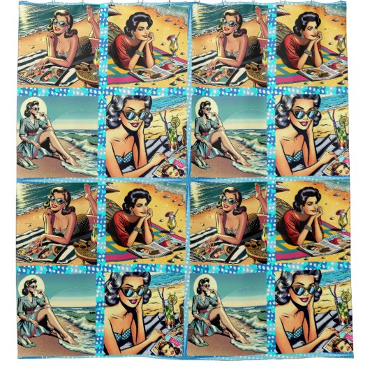 Schöne Retro Lady am Strand mit Cocktail Duschvorhang (Vorderseite)